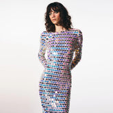 Round Neck Long Sleeve Maxi Sequins Bodycon Dress